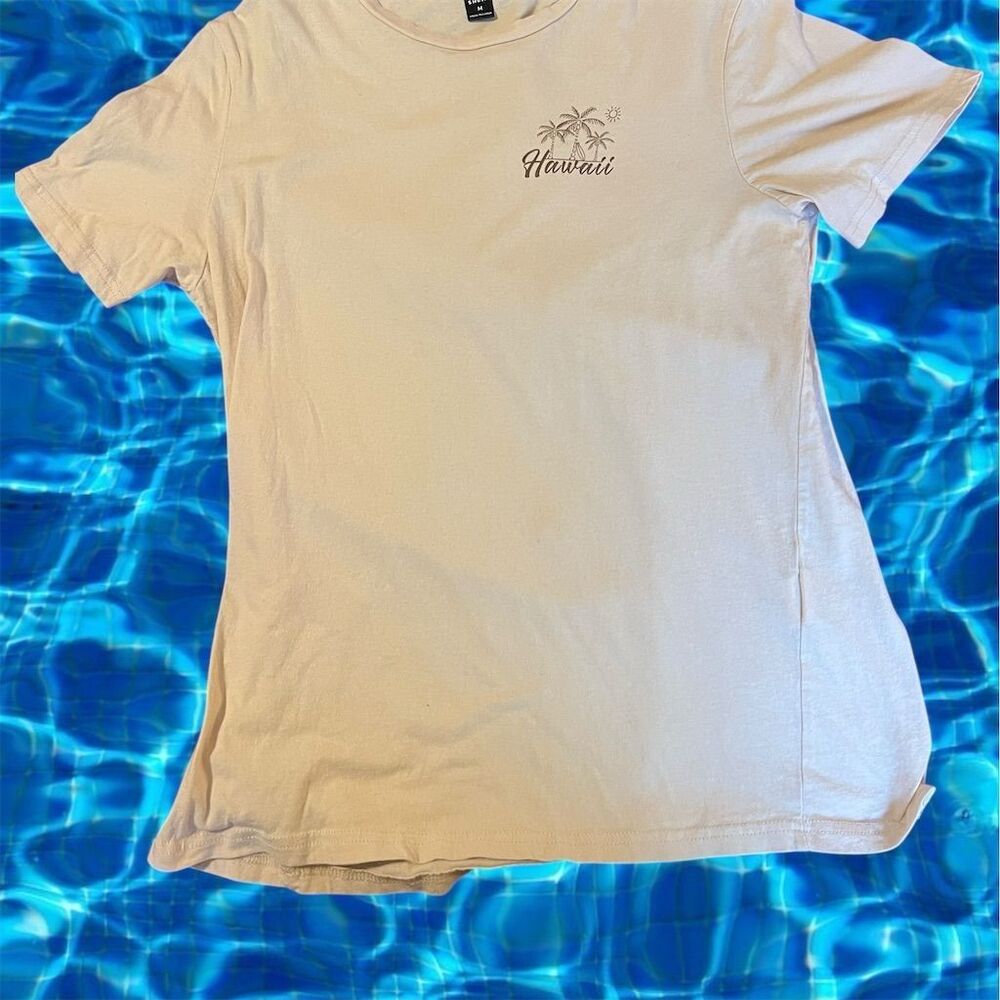 Women's Beige Graphic T-Shirt Medium Hawaii Positive Vibes Optimism Tropical